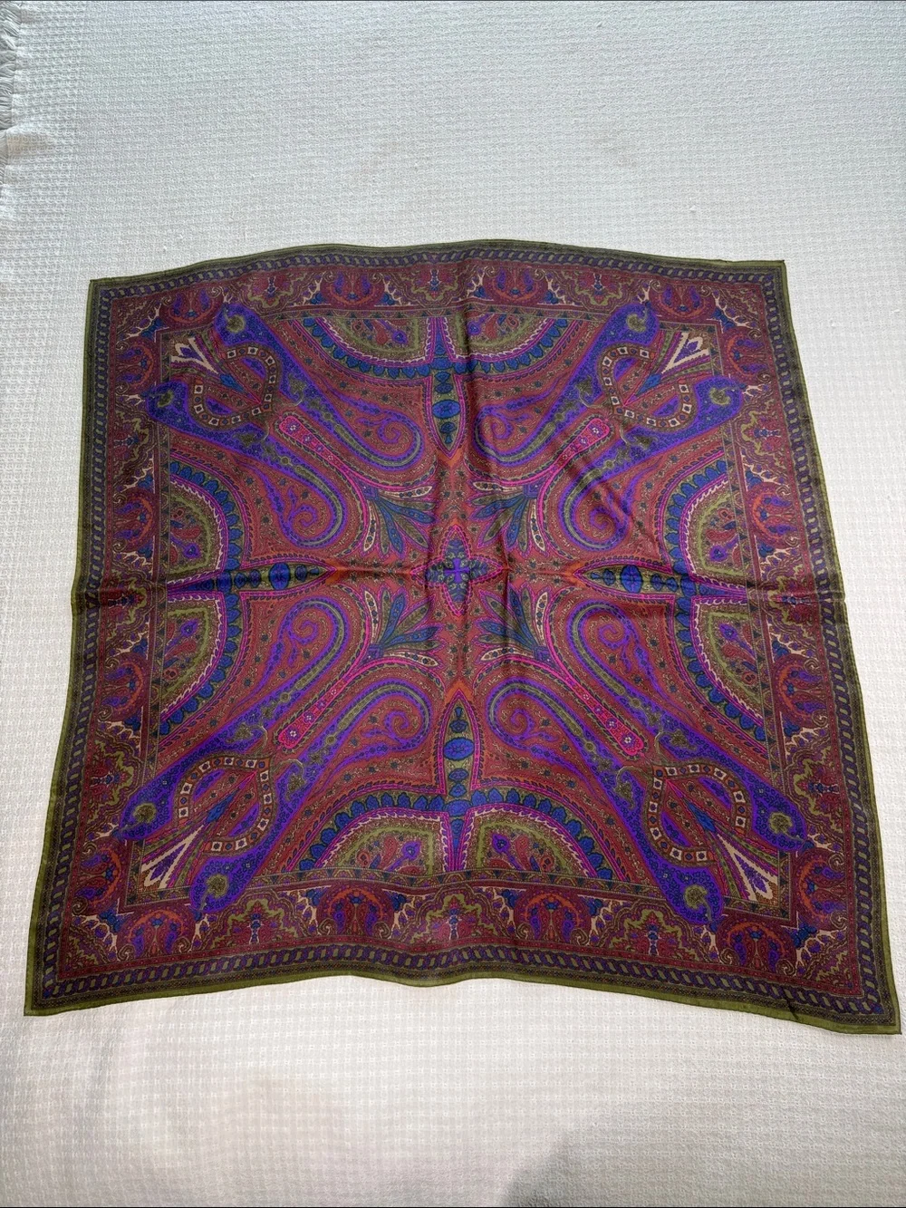 Paisley, print square silk scarf, purple, burgundy, blue pink green